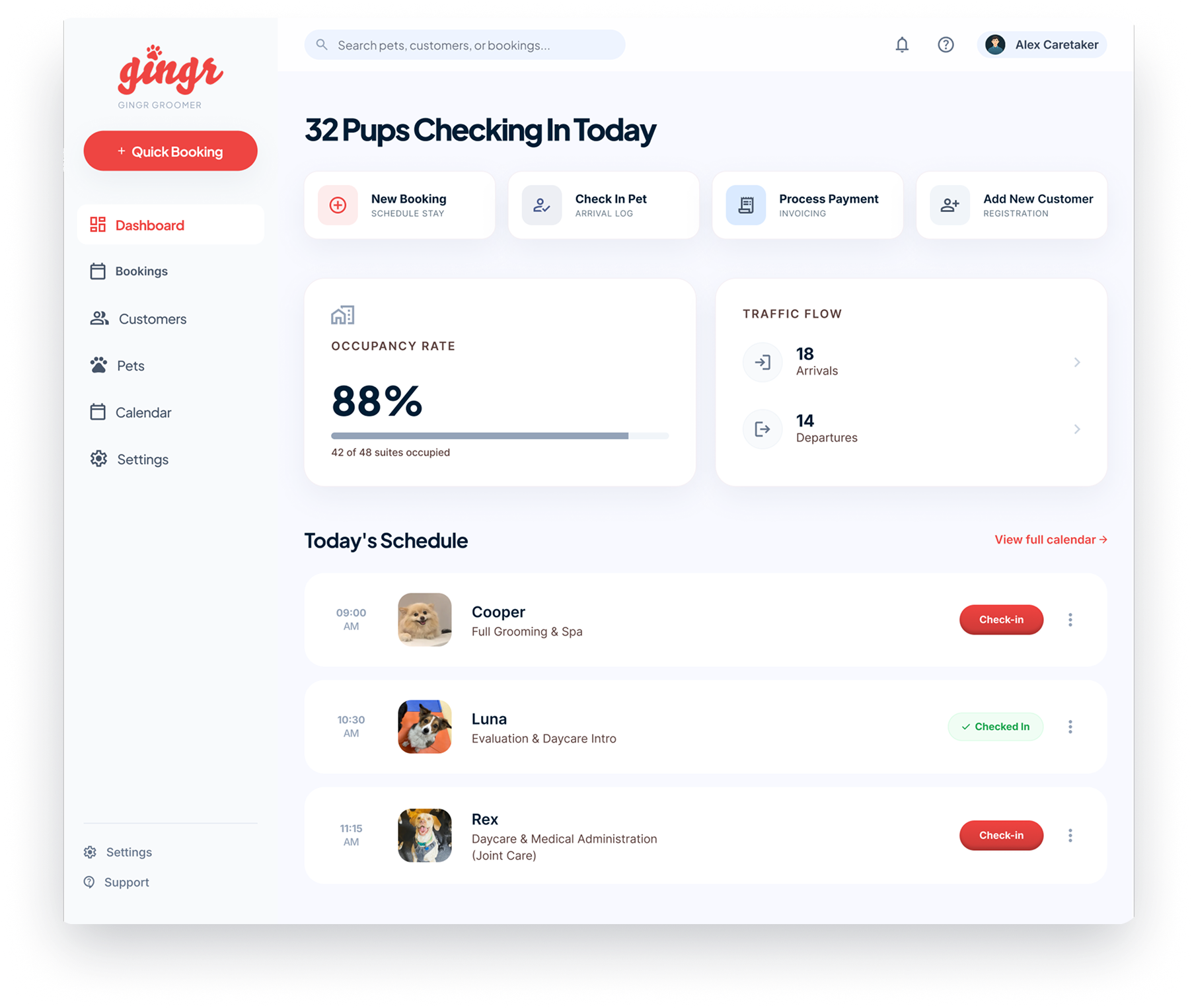 Redesigned Gingr dashboard