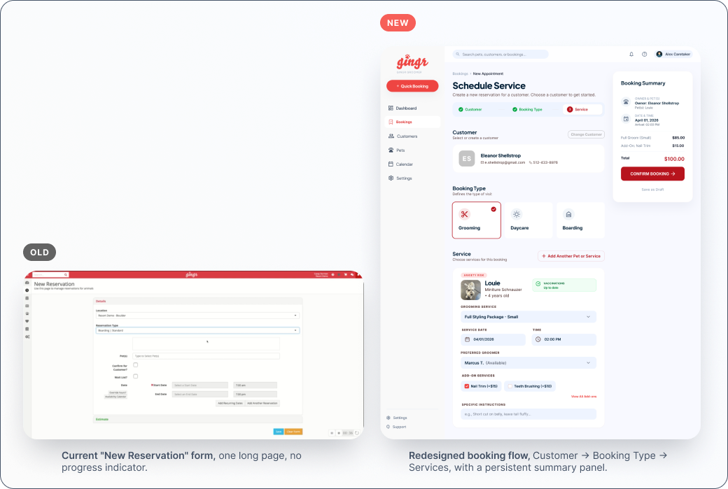 Gingr booking flow before and after redesign