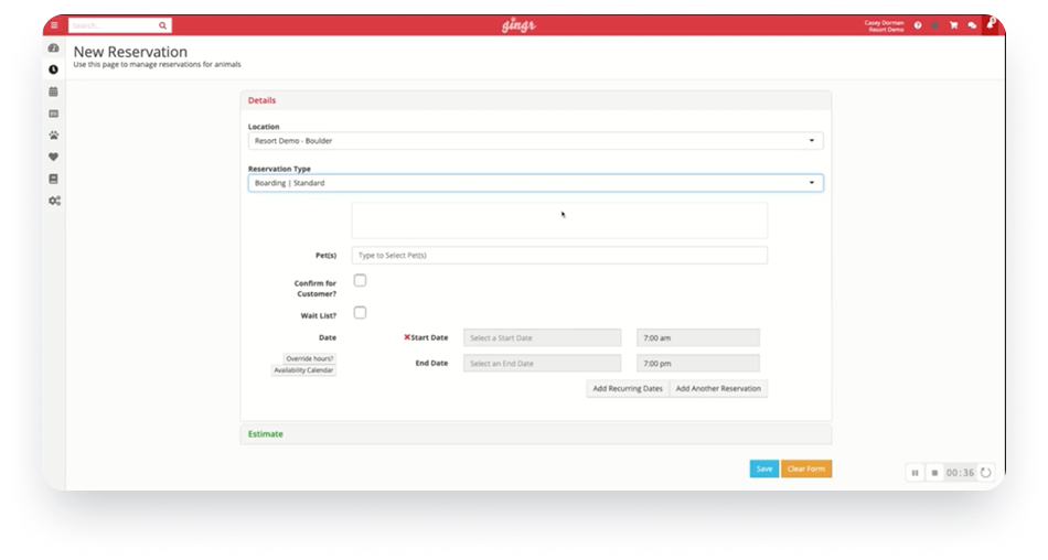 Existing Gingr reservation form