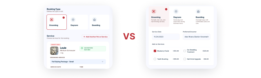 Guided single-service step vs a denser all-fields booking-type step